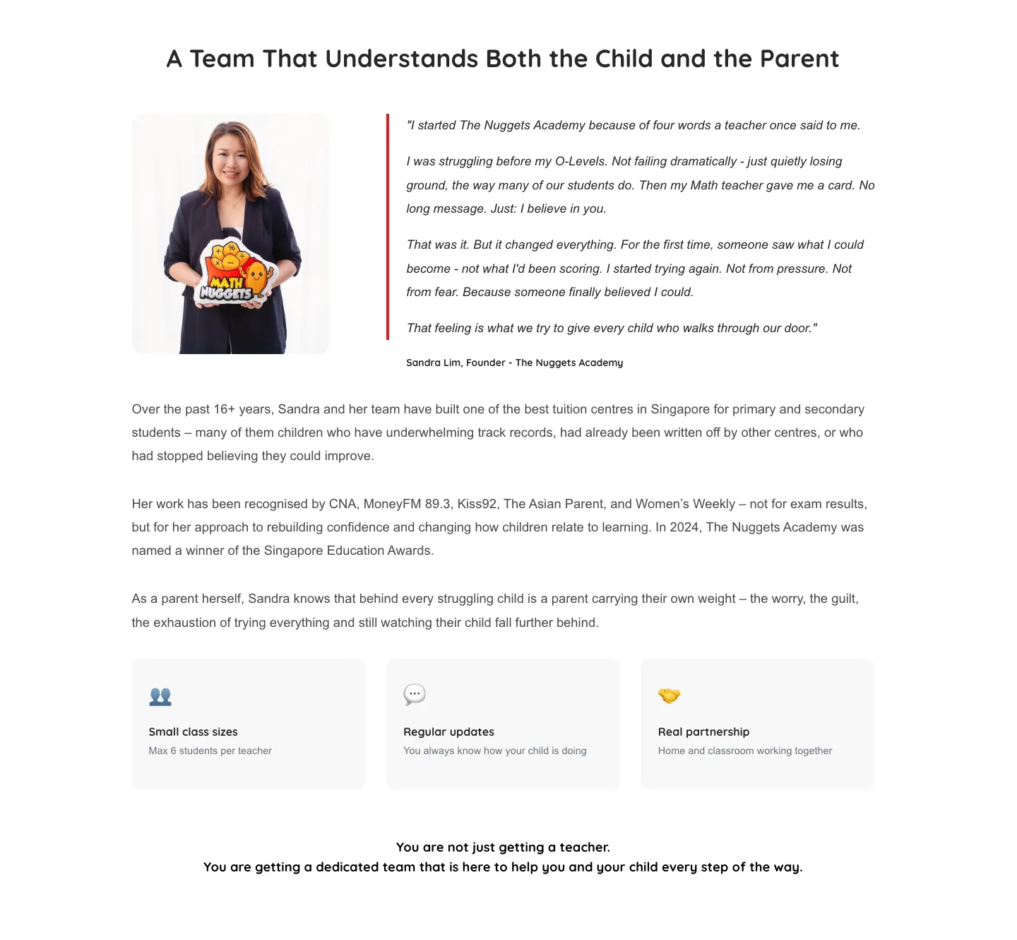The guide section, 'A Team That Understands Both the Child and the Parent', with Sandra's photo.