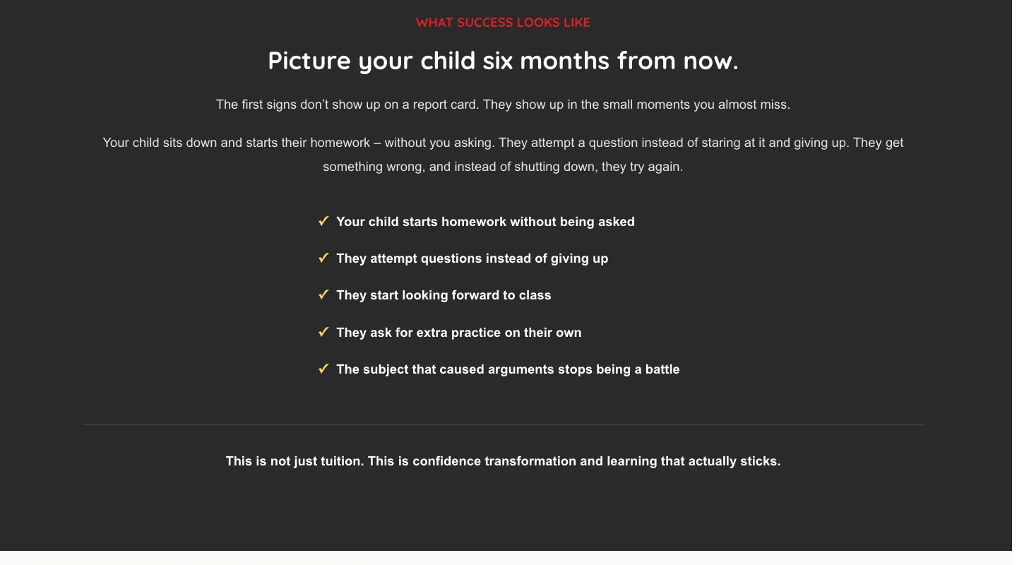 The section 'Picture your child six months from now', listing signs of growing confidence.