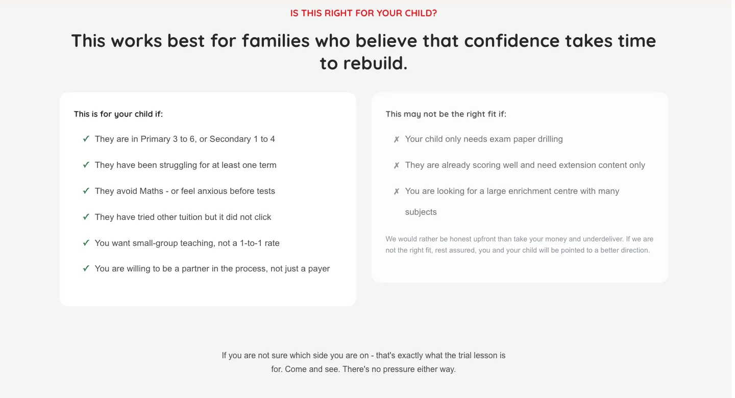 The section on who the centre is for, with two lists: who it is for and who it may not suit.