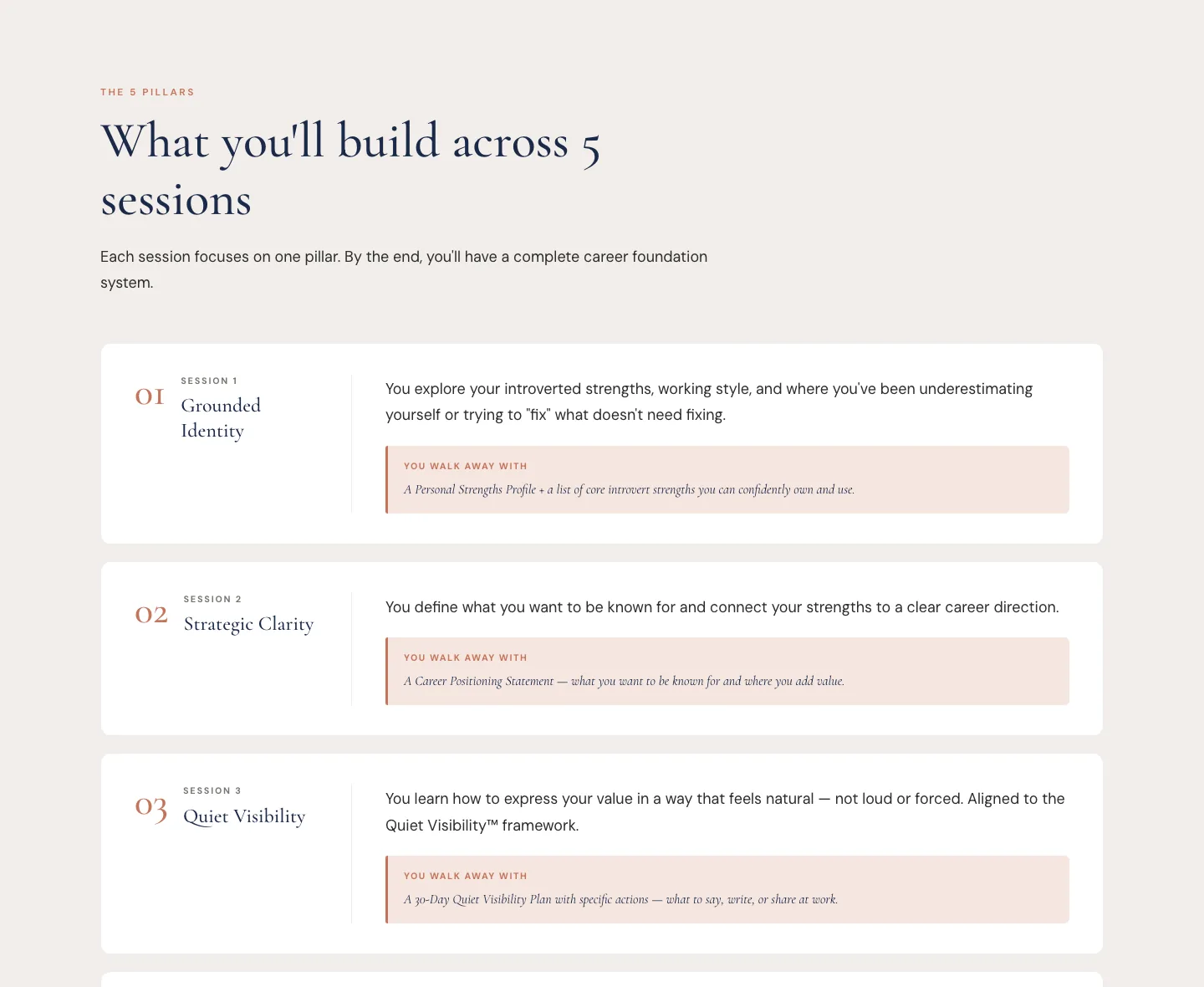 The Career Accelerator page: five sessions, each with what you walk away with.