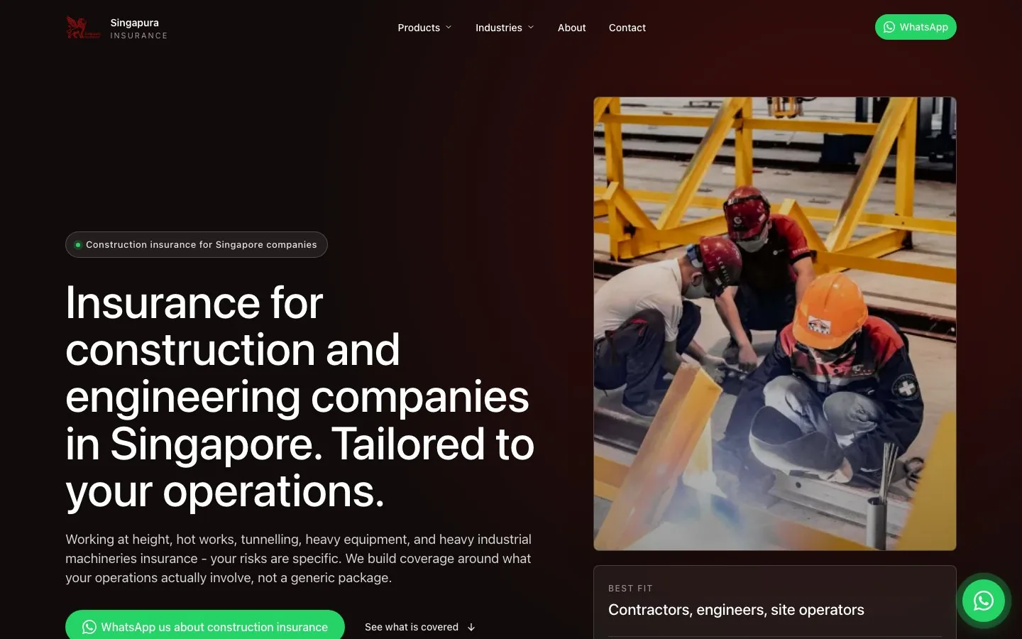 The construction industry page headline next to a photo of workers handling steel on site.