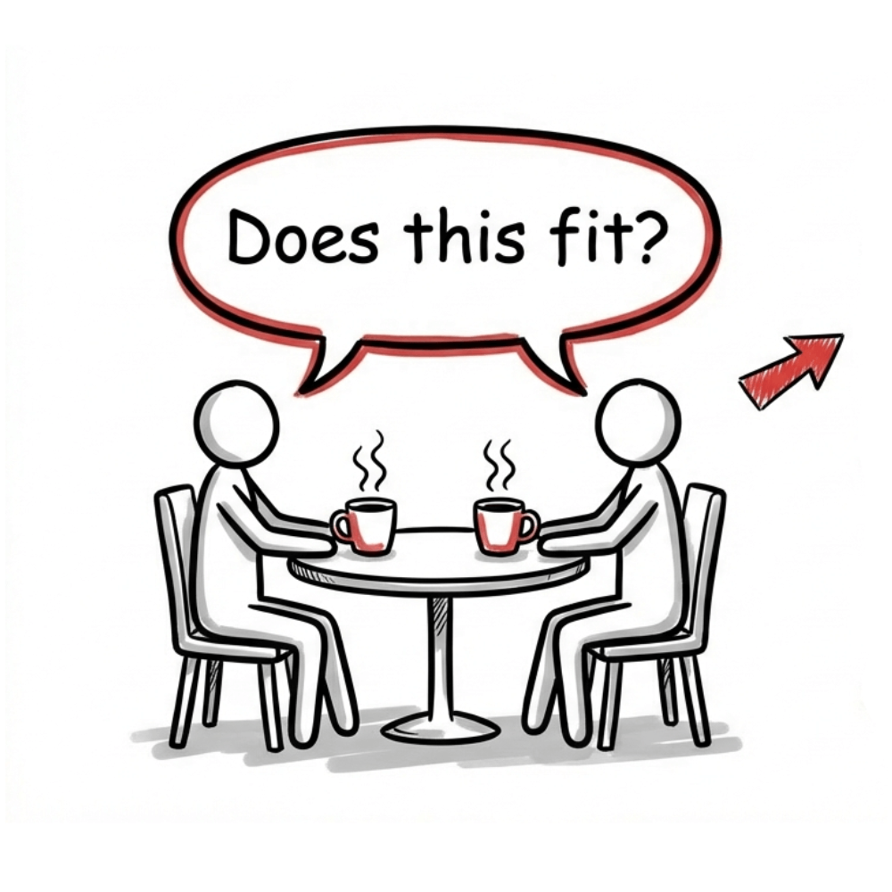 Two people talking over coffee under a speech bubble reading 'Does this fit?'