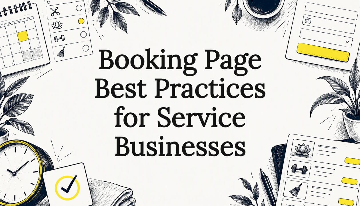 Hand-drawn booking motifs frame title space