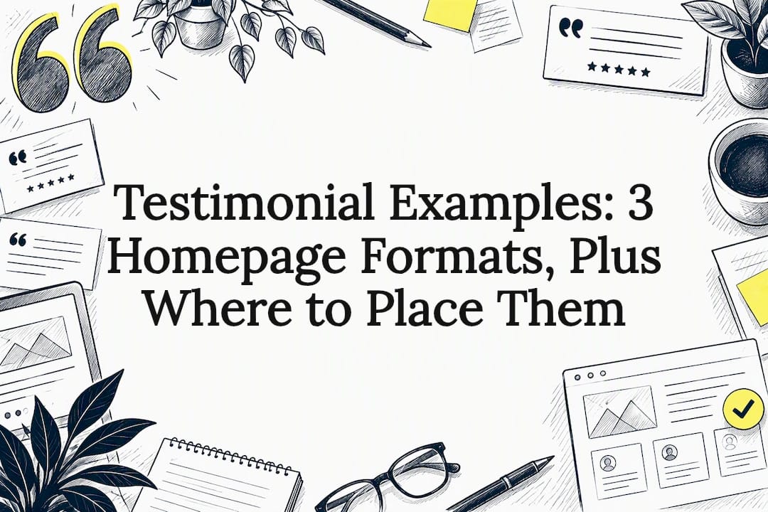 Hand-drawn testimonial motifs framing the title