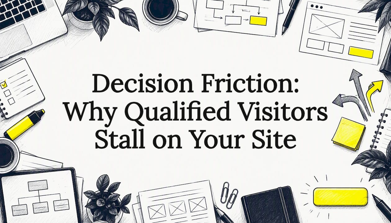 Hand-drawn homepage sketches frame the title