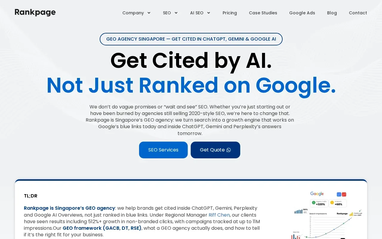 Screenshot of the Rankpage website