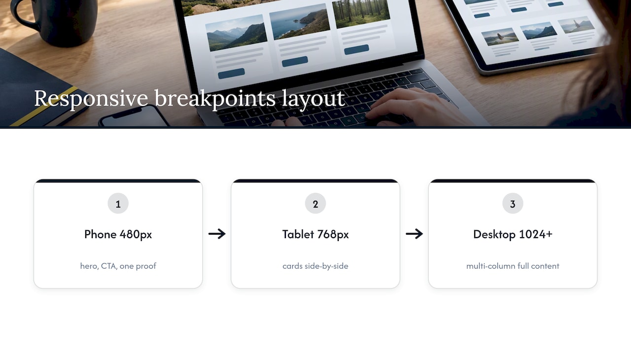 Homepage layouts across three screen breakpoints