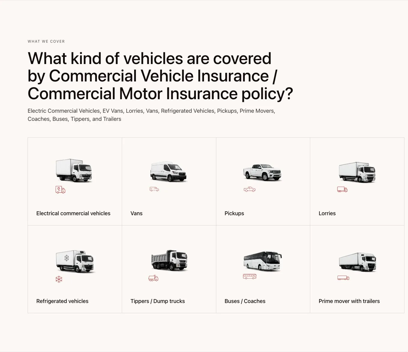 A grid of eight vehicle types on the commercial vehicle page, from vans to prime movers.